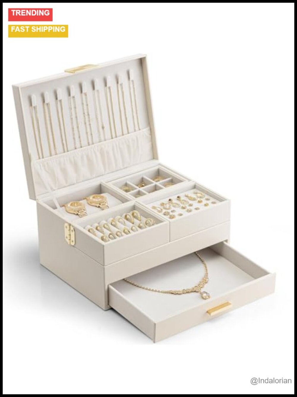 3 Layer Faux Leather Jewelry Box Retractable Tray Drawer Necklace Ring Organizer